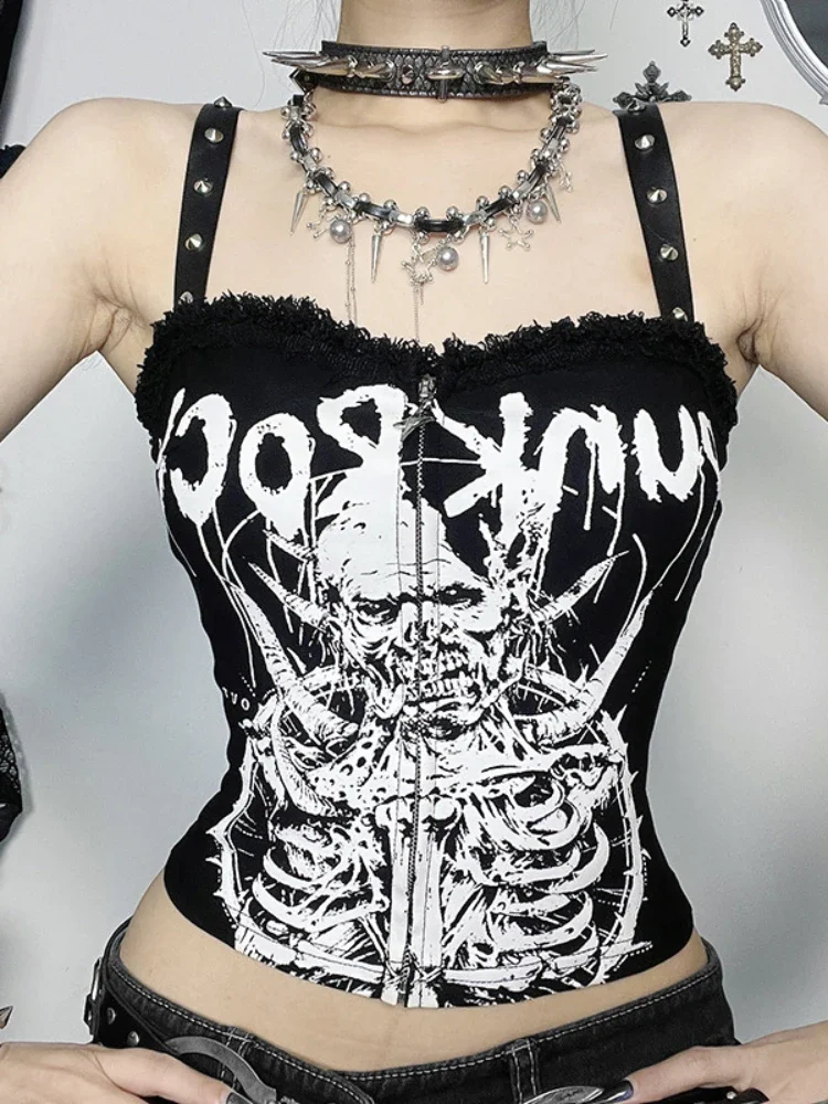 New Black Vest  Punk Subculture Gothic Style Dark Skull Printed Strap Tank Top Spicy Girl Slim  T-shirt Women Short Y2k Top