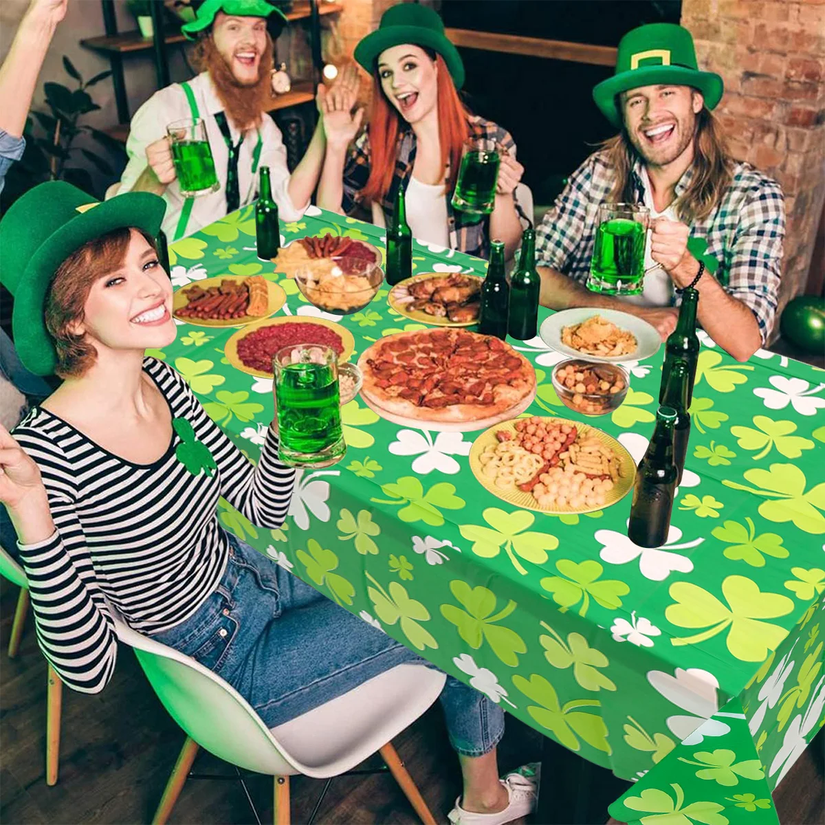 1pc Polyester Tablecloth St. Patrick's Day Tablecloth Green Buffalo Plaid Shamrock Gold Pattern Tablecloths Stain And Wrinkle