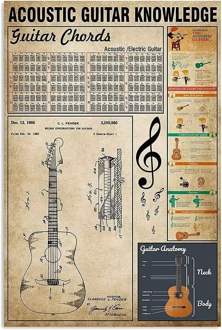 Affiche métallique FEBIOAW sur la guitare acoustique, idéale pour la salle de concert, le studio de musique, le club, l'école, l'éducation, et comme signalisation éducative.