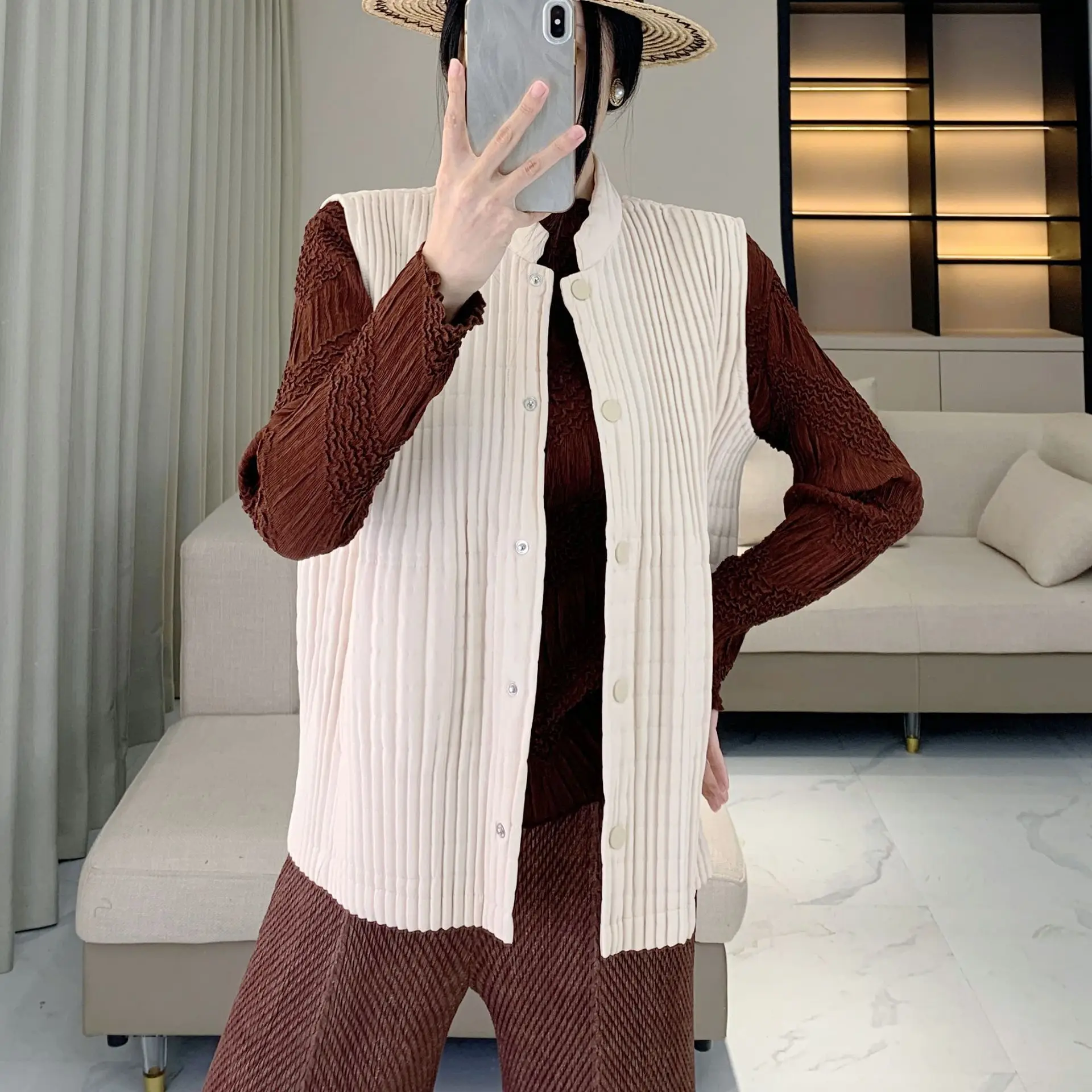 Miyake plissado outono e inverno versátil jaqueta de algodão colete moda feminina jaqueta de algodão quente grosso cor sólida simples jaqueta