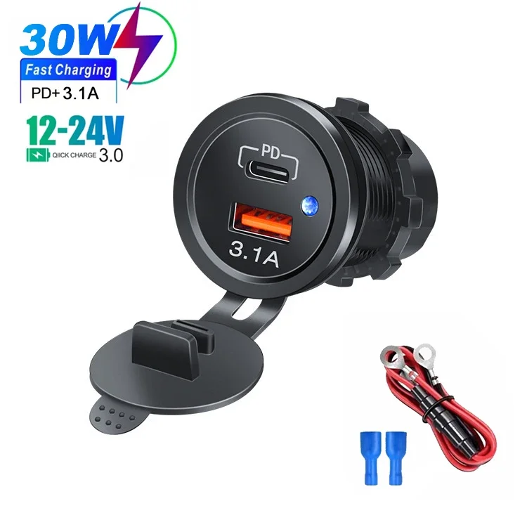 Multi-Port-Autoladegerät PD QC3.0 USB-Ladebuchse mit digitalem Voltmeter 12V/24V für Motorrad, Auto, Boot, Marine, LKW, Bus