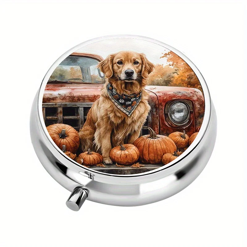 1-piece pill box, 3 compartments, autumn-themed with golden retriever, lion dog, and pumpkin designs, mini pill box, medication storage box, decorative vitamin box, suitable for purse or wallet
