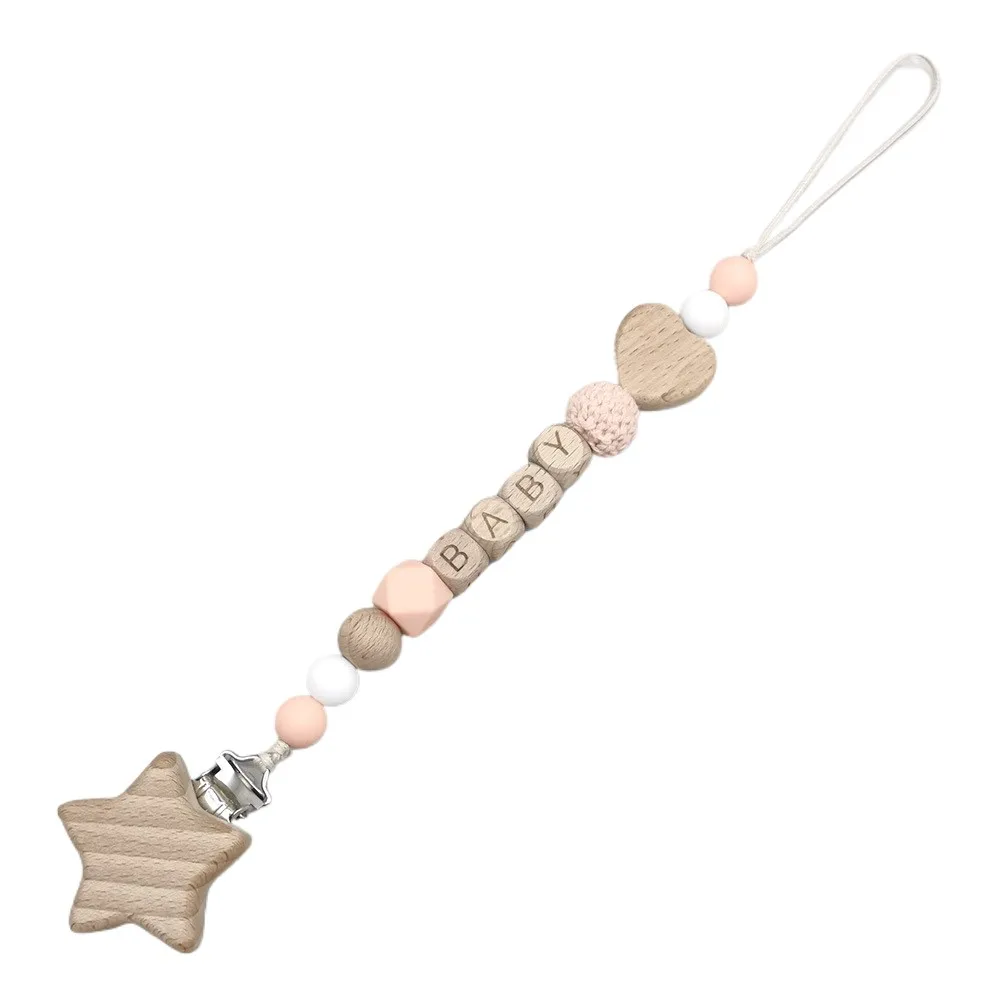 คลิปหนีบจุกนมหลอกเด็กแบบกำหนดเอง พร้อมชื่อส่วนตัว ทำจากซิลิโคนและลูกปัดไม้ ที่ยึดจุกนมหลอกป้องกันการสูญหายสำหรับเด็ก