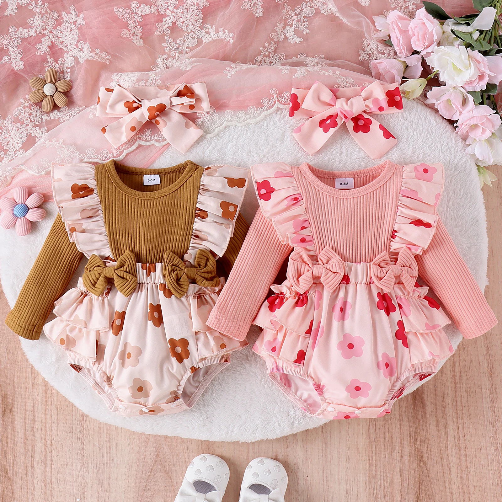 2PCS Autumn New Style 0-1 Year Old Girl Baby Sweet And Cute Round Collar Long-Sleeved Printed One-Piece Pants + Hair Band