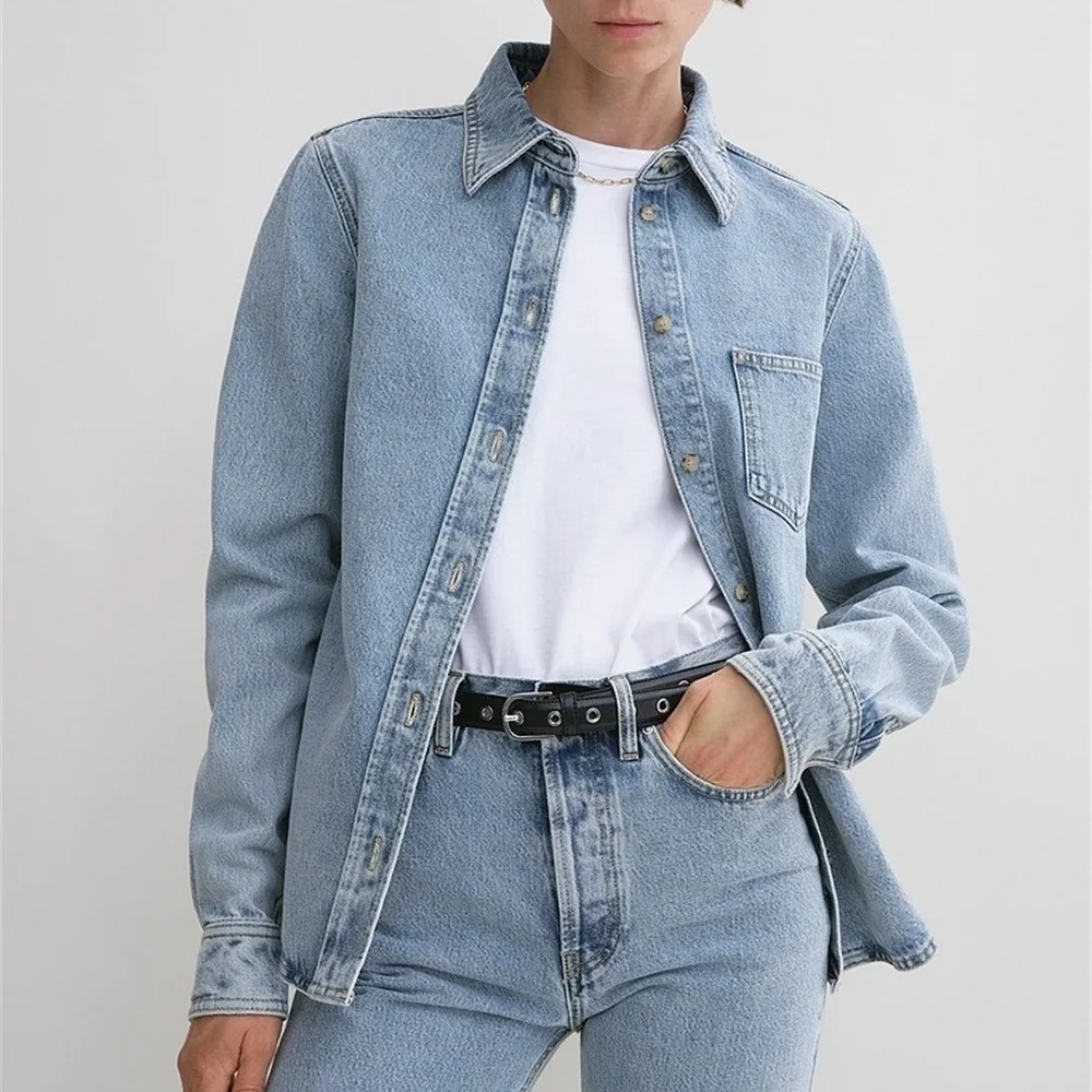 

2026 Women's Fashion Denim Shirt, Pure Cotton, Washed, Loose Fit, Casual Women's Cardigan, Y2K New Fashion Versatile Top bra