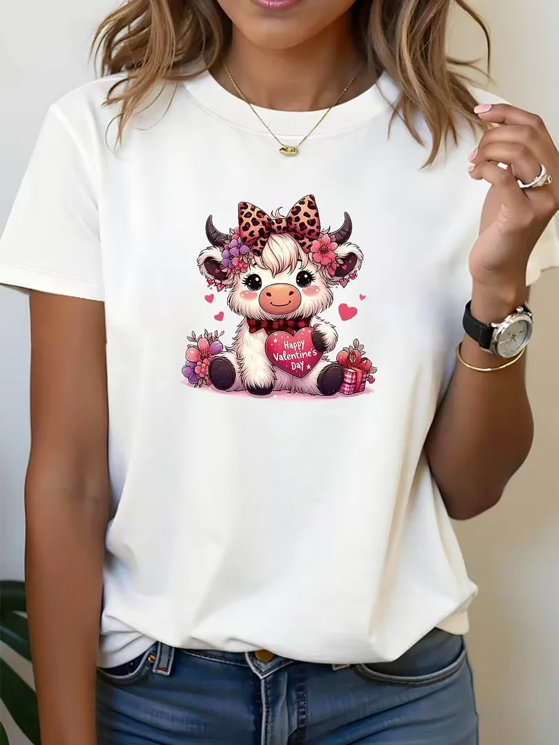 

Ladies' crew neck with a cute cow wearing a leopard print bow, featuring the "Happy Valentine's Day" pattern print for Valentine