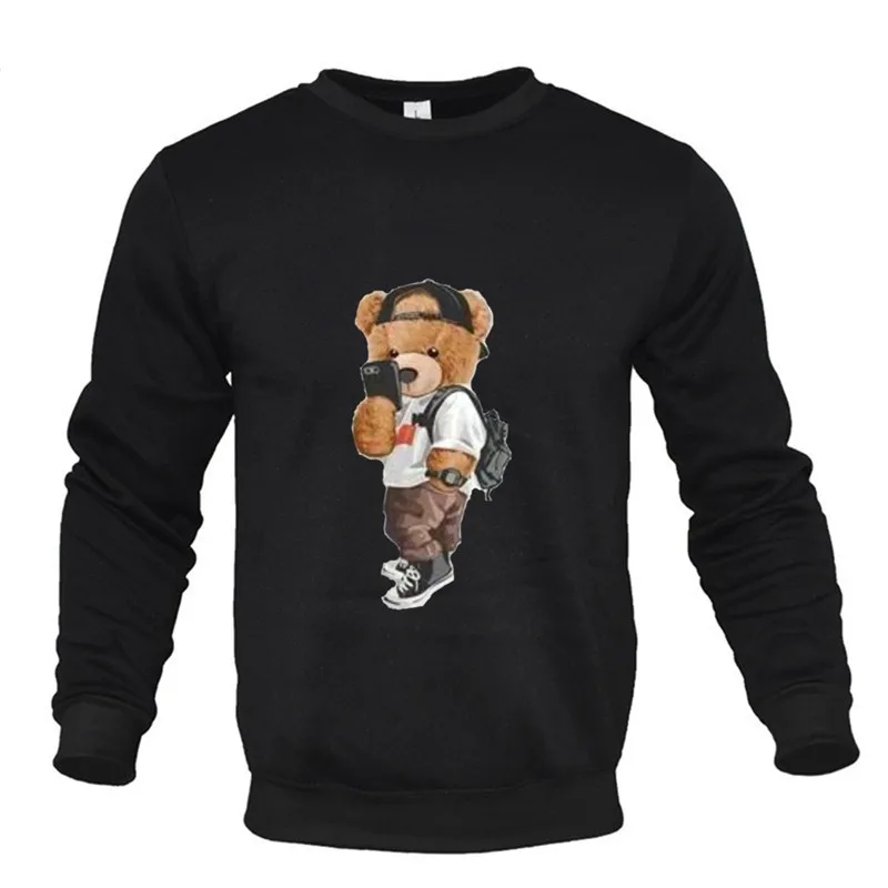 Men\'s Round Neck Pullovers Autumn Winter Male Funny Pose Teddy Bear Pattern Print Sweatshirts Outdoor Fashion Casual Pullover