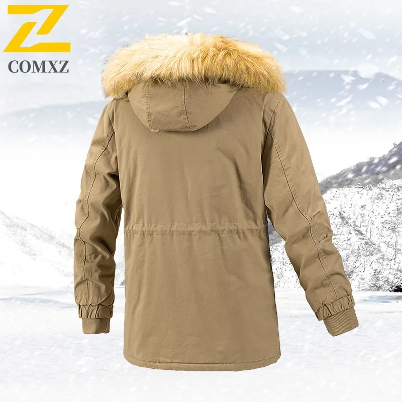 COMXZ Men's Thickened Fleece Lined Cotton Jacket Plus Size Winter Casual Outdoor Mid-Length Warm Coat Warm tactics windbreaker