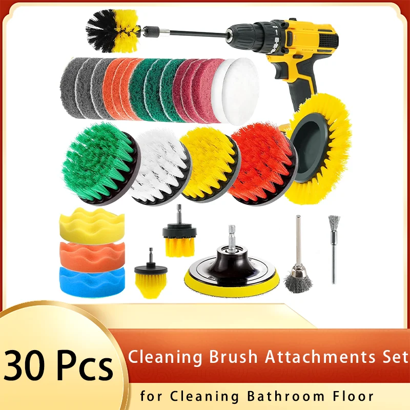 

Power Cleaning Brush Attachments Set 30 Pcs with Scouring Pad Sponge Wire Brush and Extend Long Attachment for Bathroom Floor