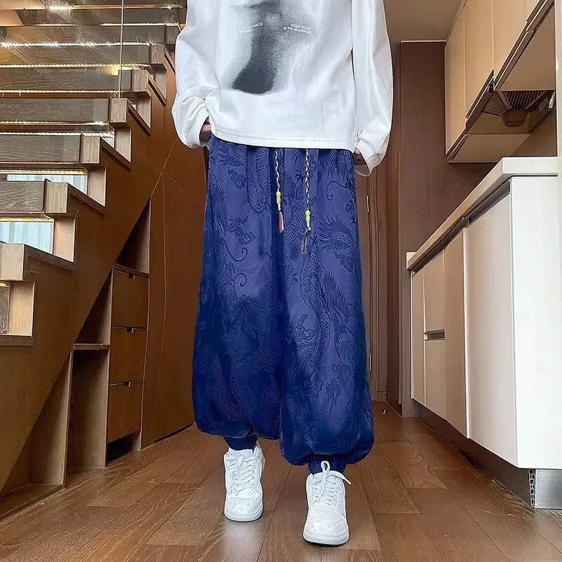 Women’s Black Dragon Jacquard Baggy Harem Pants 2026 New Chinese Braided Drawstring Wide Leg Loose Streetwear Jogger Trousers