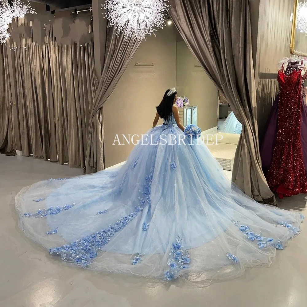 Angelsbridep Light Blue Ball Gown Handmade Flores Ruffle 15 Ano Meninas Sexy Quinceanera Vestidos Celebridade Festa de Aniversário