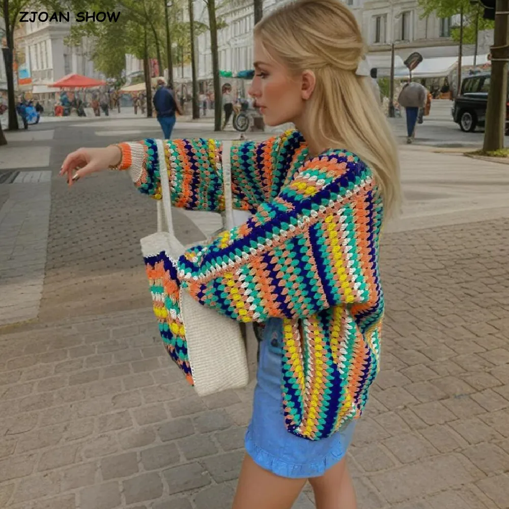 

BOHO Contrast Color Geometric Striped Crochet Cardigan Woman Full Lantern Sleeve Sweater Open Stitching Knitwear Jumper Holiday