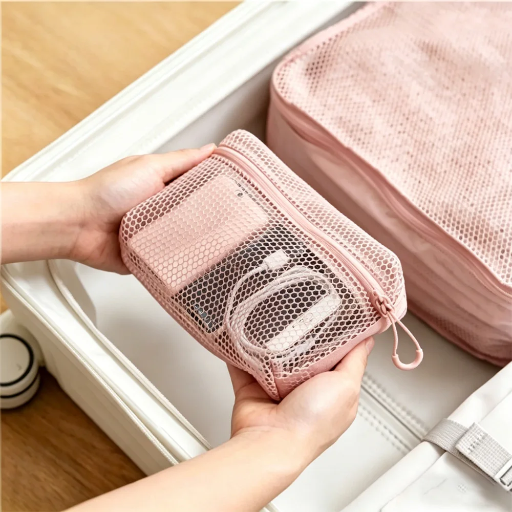 Portable Mesh Makeup Bag Large Capacity Travel Toiletry Pouch Stereo Breathable