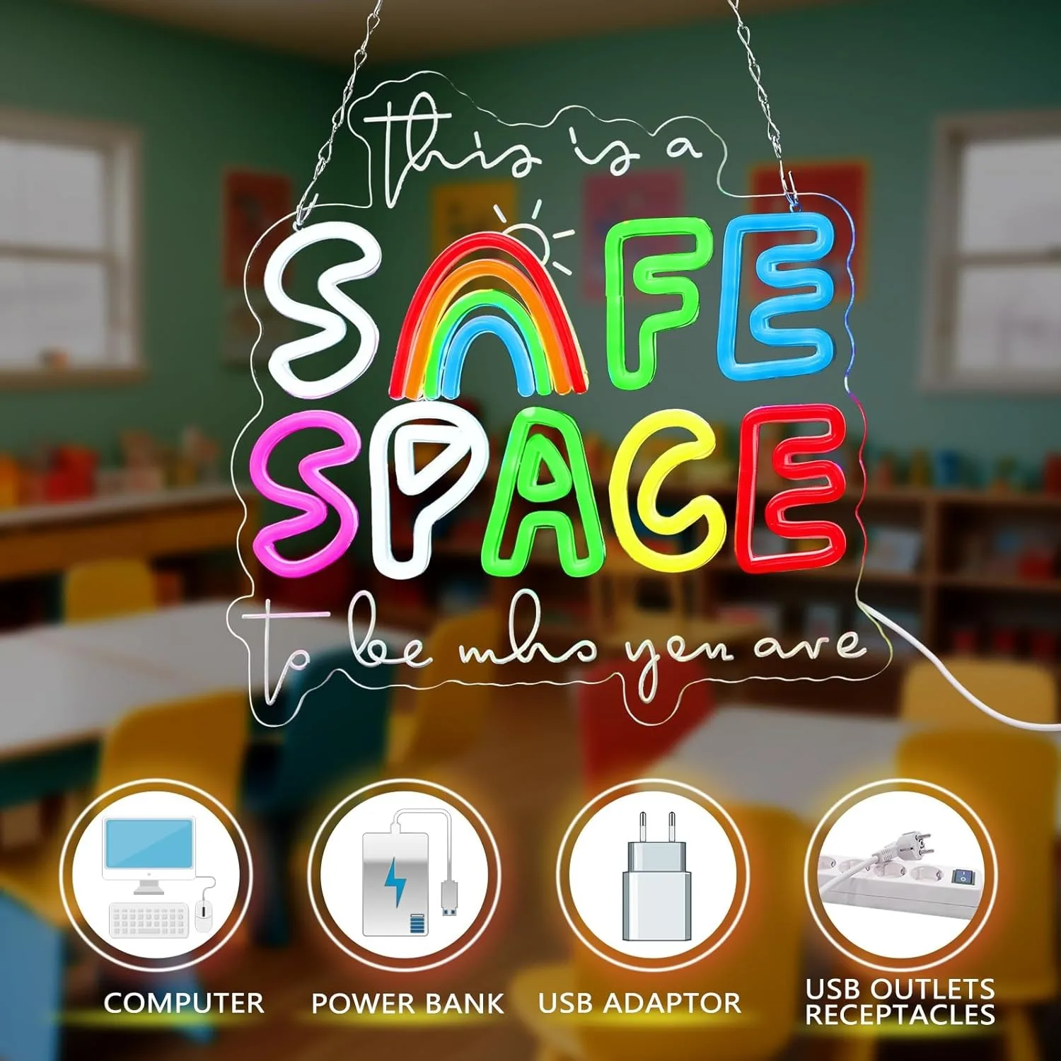 

Неоновая вывеска Safe Space This Is a Safe Space to Be Who You Are Светодиодная неоновая вывеска с регулируемой яркостью для школьного консультатора Медсестры