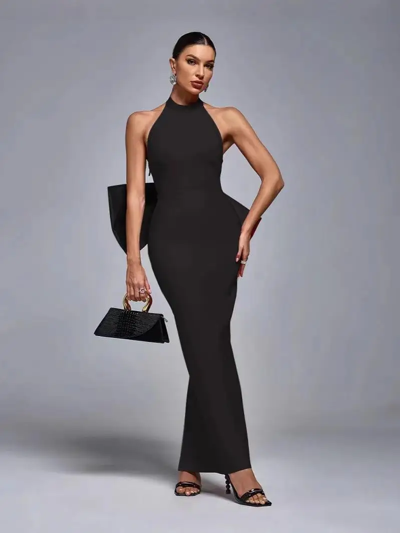 Sexy oulder Bared Long Knot Decoração Dr Feminino Cintura Alta Bodycon Dr Europeu Sle Sem Marca Tee-aceta...