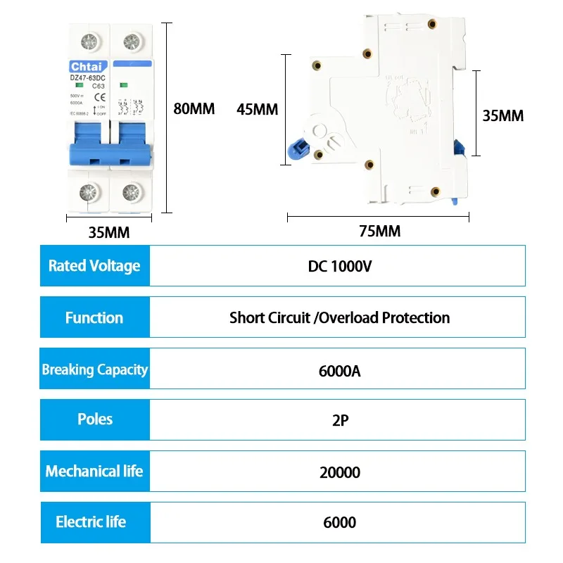 2P DC 1000V MCB Solar Mini Circuit Breaker Overload Protection Air Switch 6A 10A 20A 25A 32A 40A 50A 63A Photovoltaic PV System