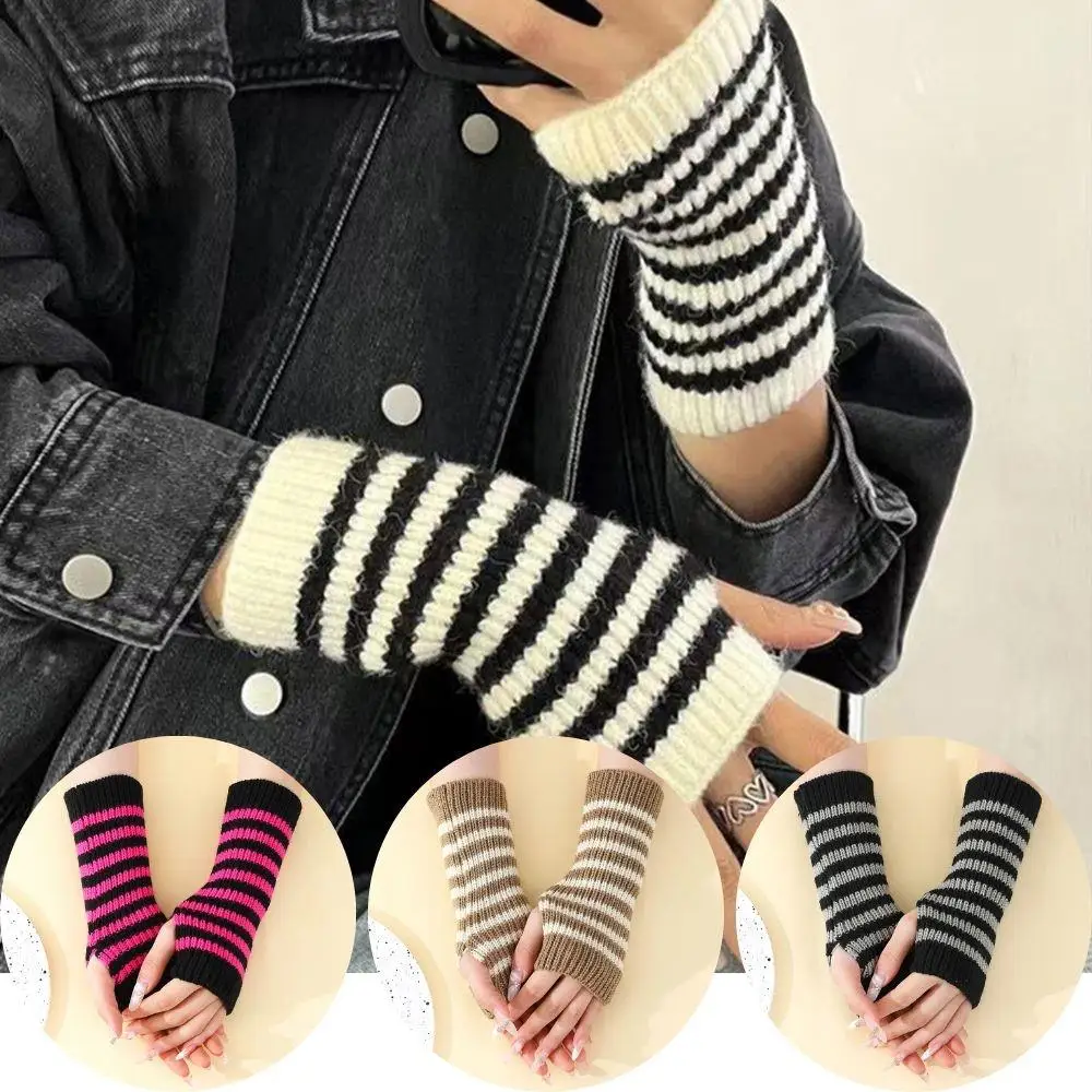 

HOT Winter Half Finger Gloves Striped Fingerless Gloves Knitted Long Fingerless Gloves Arm Cover Elbow Mittens Winter Arm Good