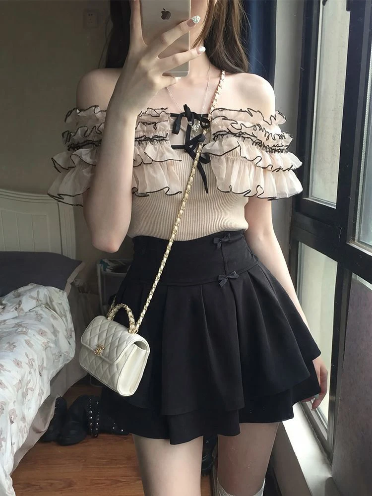 Summer New High Waist Splice Half Skirt Set Women's Sweet Style One Shoulder Wooden  Sound Fashion Two-Piece Suit
