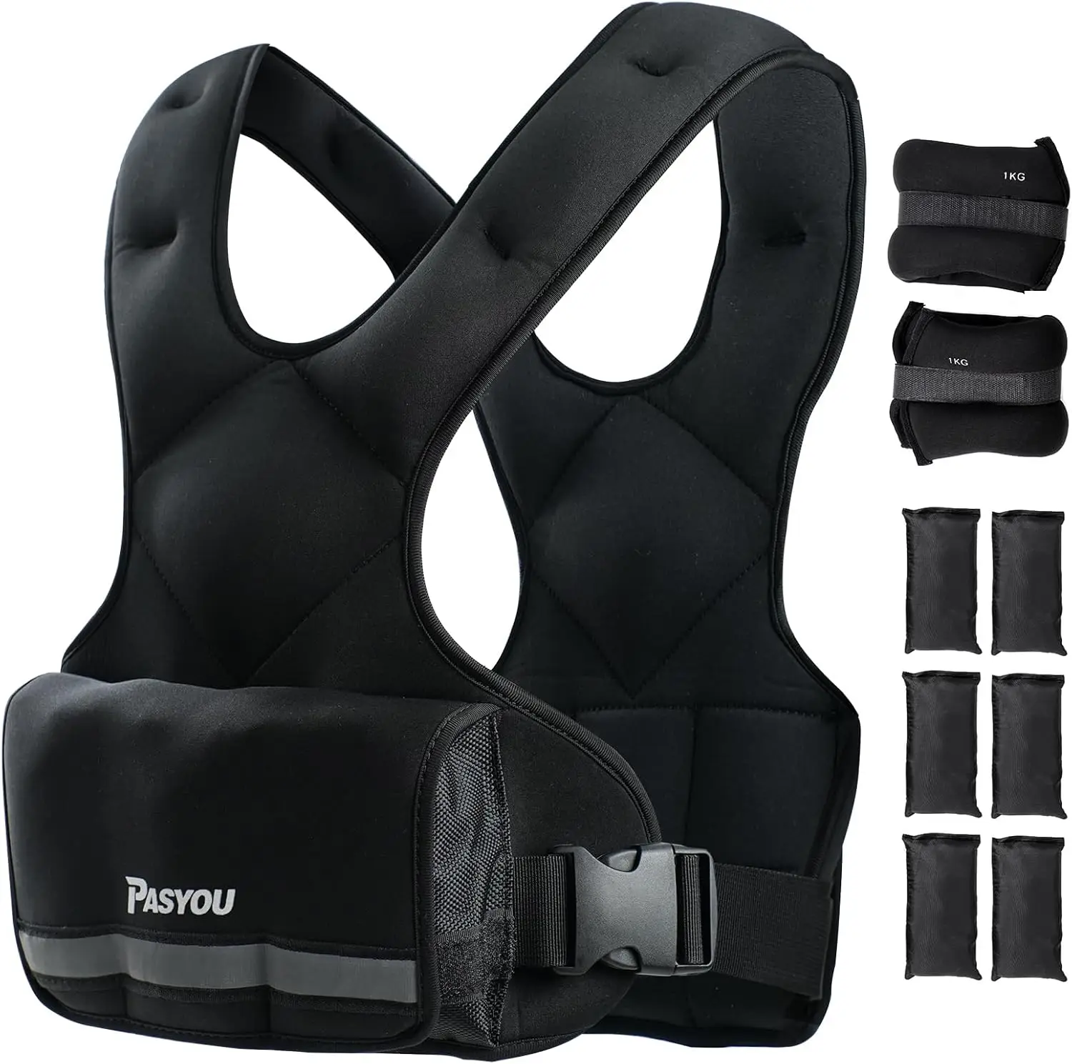 Adjustable Weighted Vest 10LB-22LB with Reflective Strip Body Weight Vest with 6 Ironsand Weights 2 Ankle Weights for Men Women