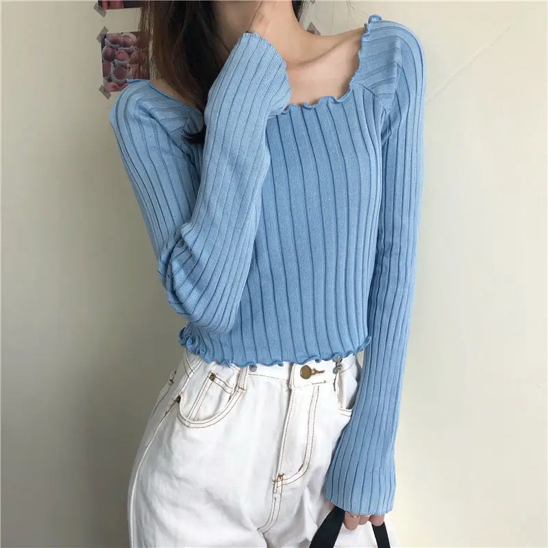 

Sweet Crop Tops for Women, Korean Fahsion Ruched Crop Top, Ladies Fashion Pullover, Autumn Knitted Long Sleeve T-Shirts,