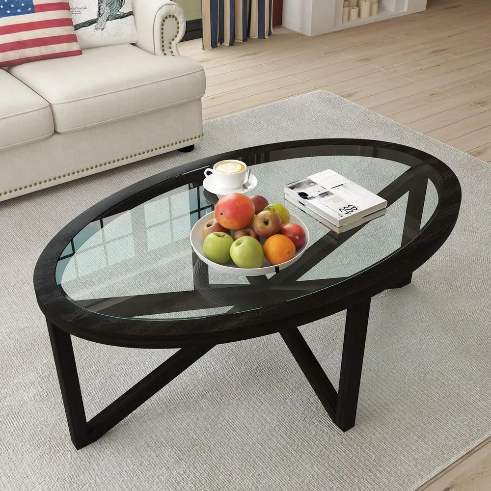 

46 Round Tempered Glass Coffee Table with Black Wood Base for Living Room and Office