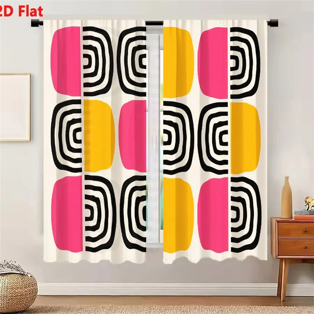 2Pcs Curtains 2D Flat Abstract Geometric 3x3 Grid Design With Pink Yellow Left Halves And Black White Concentric Spiral Right Ha