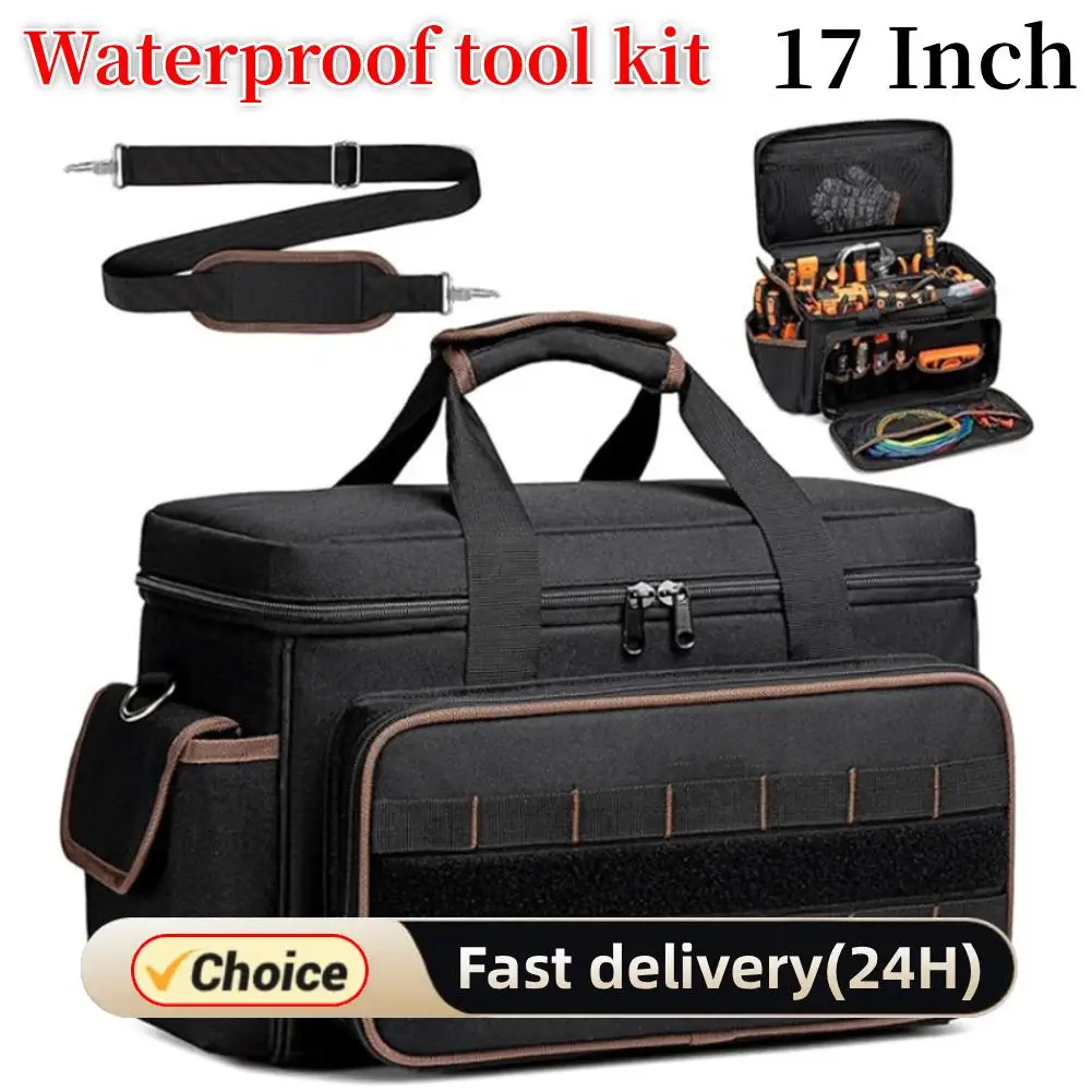 

17 Inch High Capacity Wide Mouth Tote with 20 Pockets Heavy Duty Tool Bags Waterproof for Electricians Mechanics Carpenters HVAC