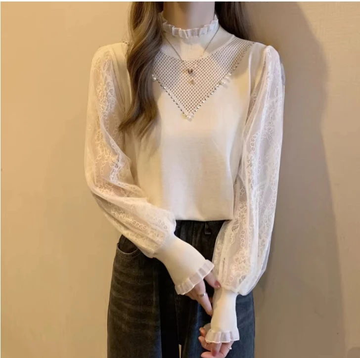 Tamanho grande renda emenda manga longa semi-gola alta camisa de fundo outono inverno nova moda feminina versátil camisola de malha