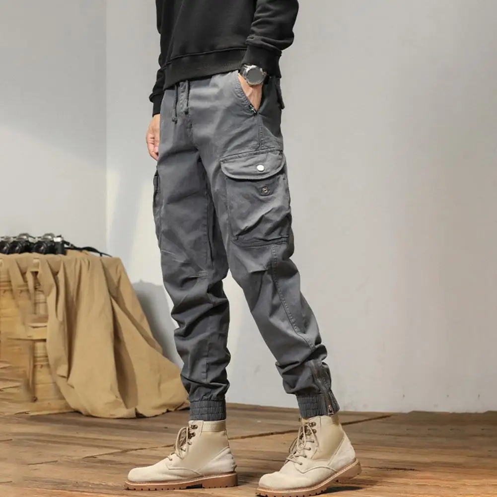 Multi-pocket Design Trousers Men's Cargo Pants with Drawstring Elastic Waist Multiple Pockets Ankle-banded Design for Streetwear