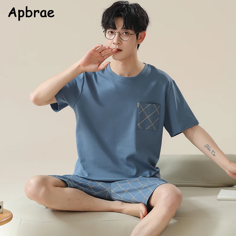 New Summer Men Faux Cotton Pajamas Short Sleeves Shorts Homewear for Boy Plus Size L-3XL Young Man Pijamas Pullover Sleepwear