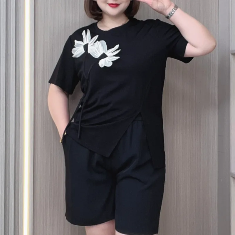 Slimming Jumper 3D Flower Short Sleeve Ice Silk Knitwear T-shirt For women, Plus Size, Summer 2024