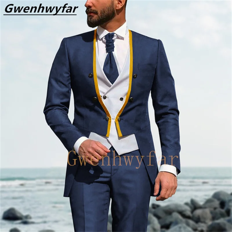 

Gwenhwyfar Custom Double Breasted Men's Suits Phnom Penh Navy Blue Groom Wears Wedding Tuxedos 3 Best Men's Tuxedos for Prom