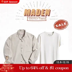 Maden French Vintage Long Sleeve Cuban Collar Shirts and T-shirt Men's Casual Button Down Plain Shirt White Tees 2 Piece Tops