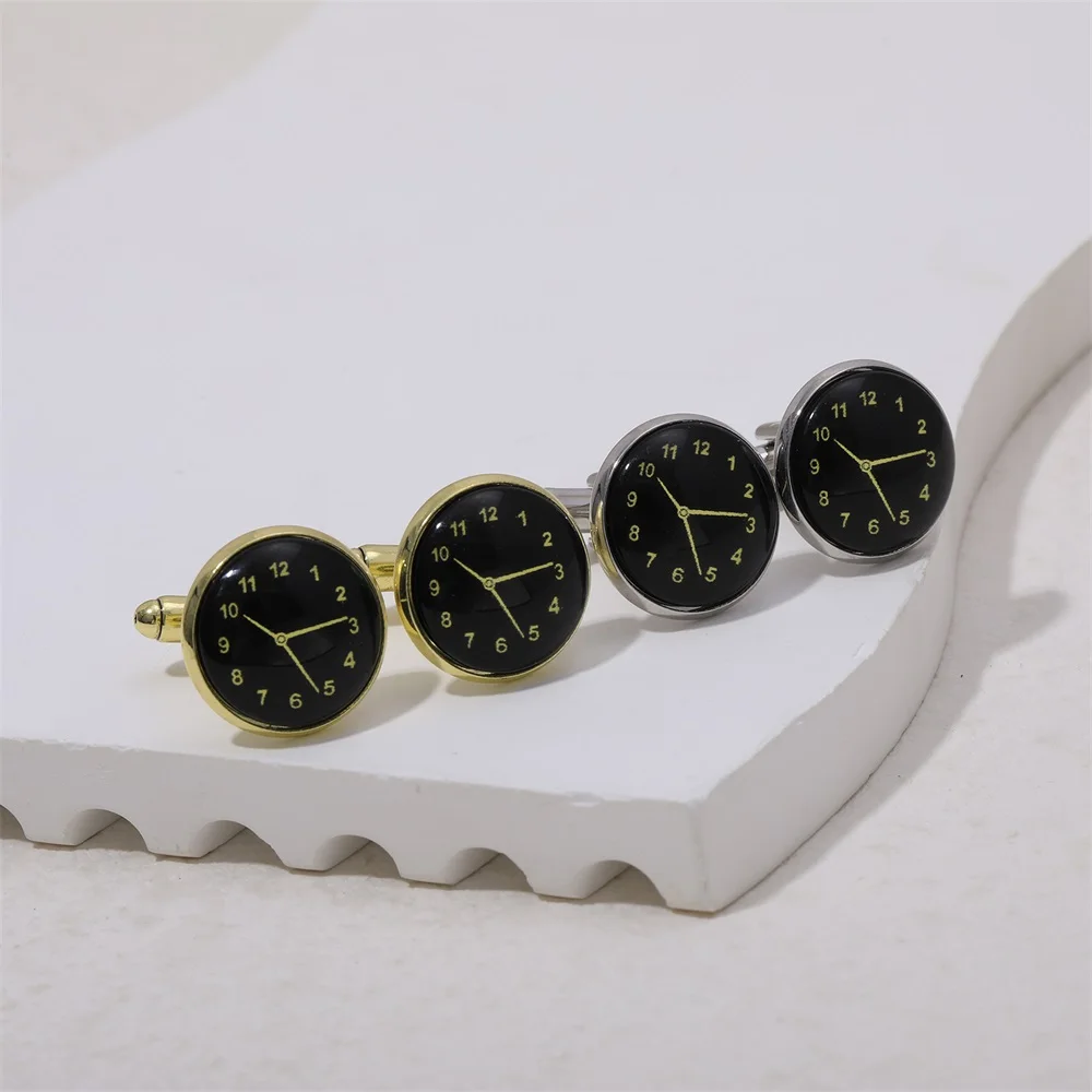 Classic Cabochon Glass Clock Picture Mens Cufflinks Golden Silvery Plated Watch Dial Pattern Design Round Sleeve Button