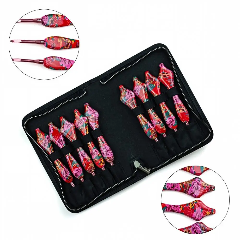 Crochet Hook Floral Printed Curved Handle Crochet Hook Set 9Pcs 2.5mm To 7.0mm Pink Aluminum Tip DIY Amigurumi Scarf Knitting