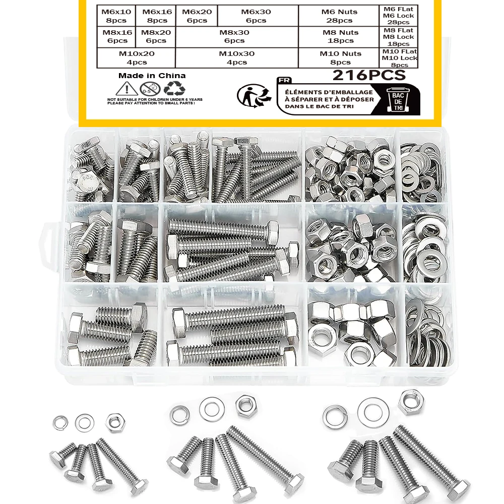 

272Pcs 18-8(304) Stainless Steel Hex Bolts Assortment,M6M8M10 Heavy Duty Bolts and Nuts Kit, Assorted SAE Bolts Nuts Flat&Lock W
