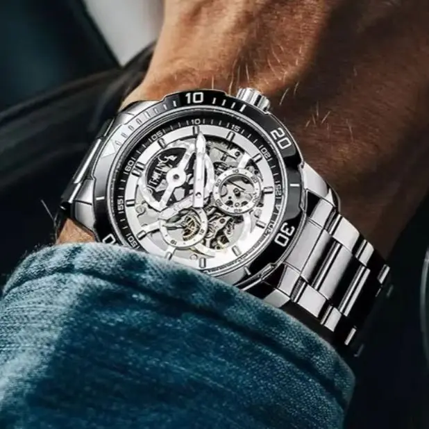 DITALING Men Automatic Watch Military 42mm Mechanical Wristwatch Skeleton Dial 50M Waterproof Luminous Sapphire Exhaust Valve