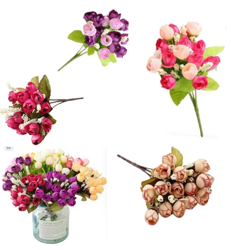 Artificial Silk Flowers Small Rose Bud Wedding Home Christmas Bride Bouquet Room Table DIY Fake Flower Decoration