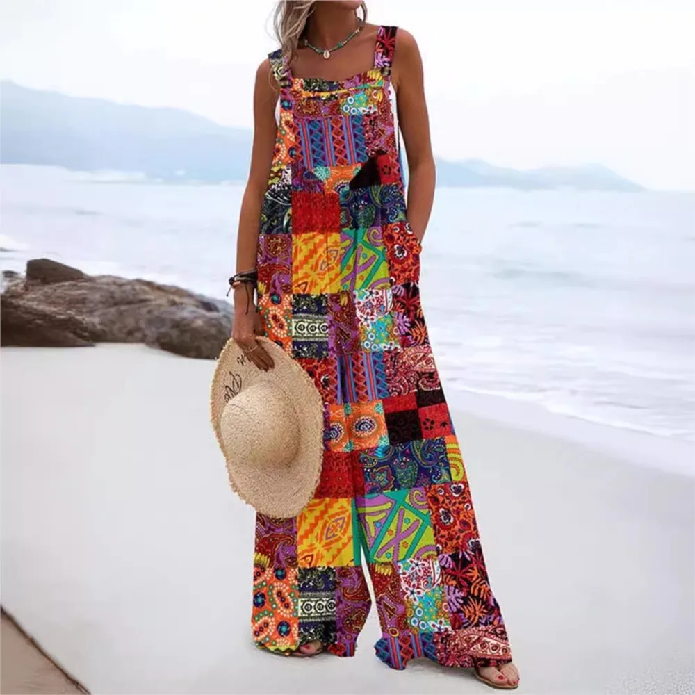 Mono de pierna ancha de cintura alta sin mangas para mujer, novedad de verano 2025, mono con estampado Digital, monos con botones étnicos a la moda