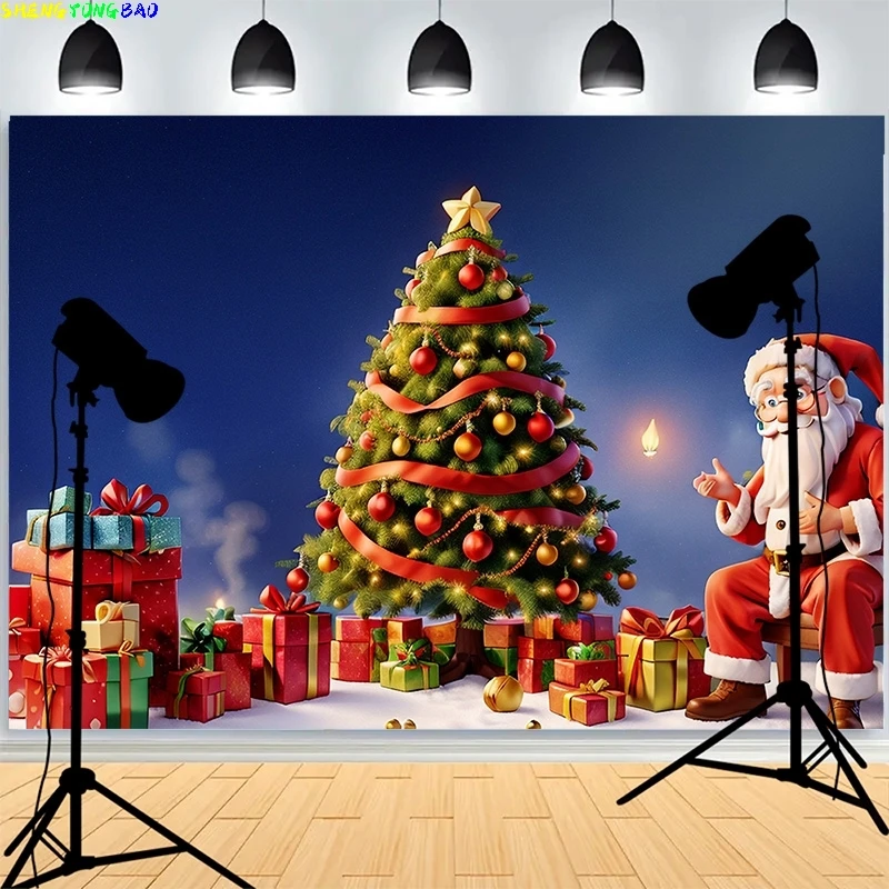 

Santa Claus Christmas Day PIne Tree Photography Backdrops Happy New Year Fireplace Family Party Photo Studio Background XH-53