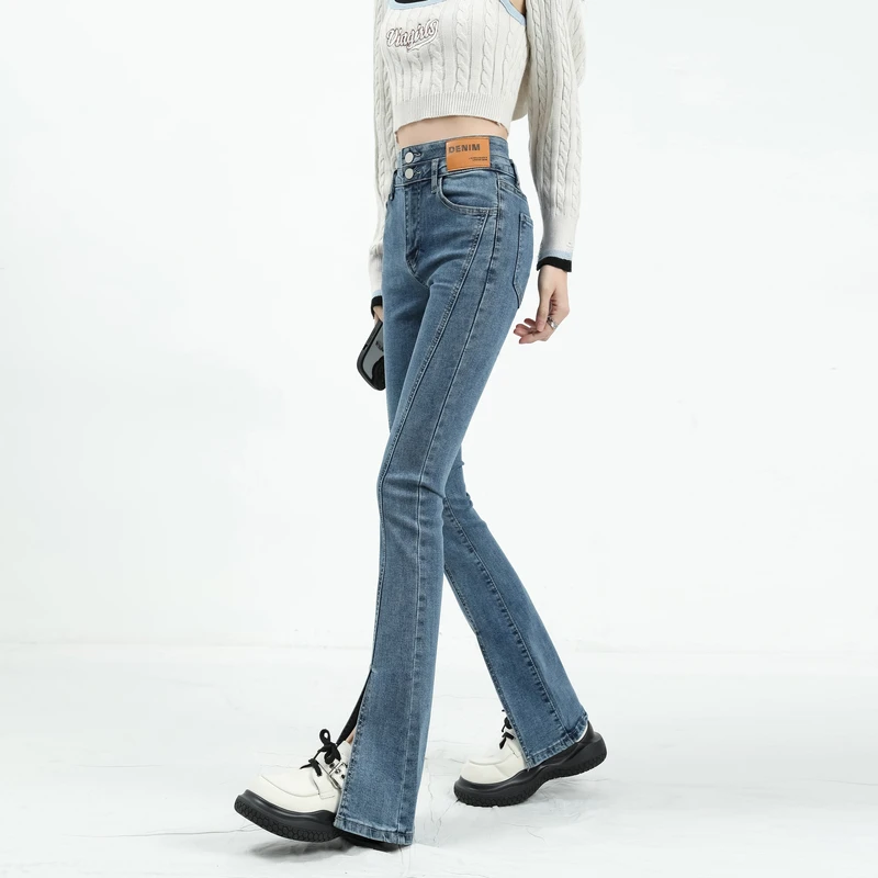 

Spring Autumn Women's High Waist Pockets Distressed Button Zipper Panel Casual Horn Denim Trousers Fashion Office Lady Pants