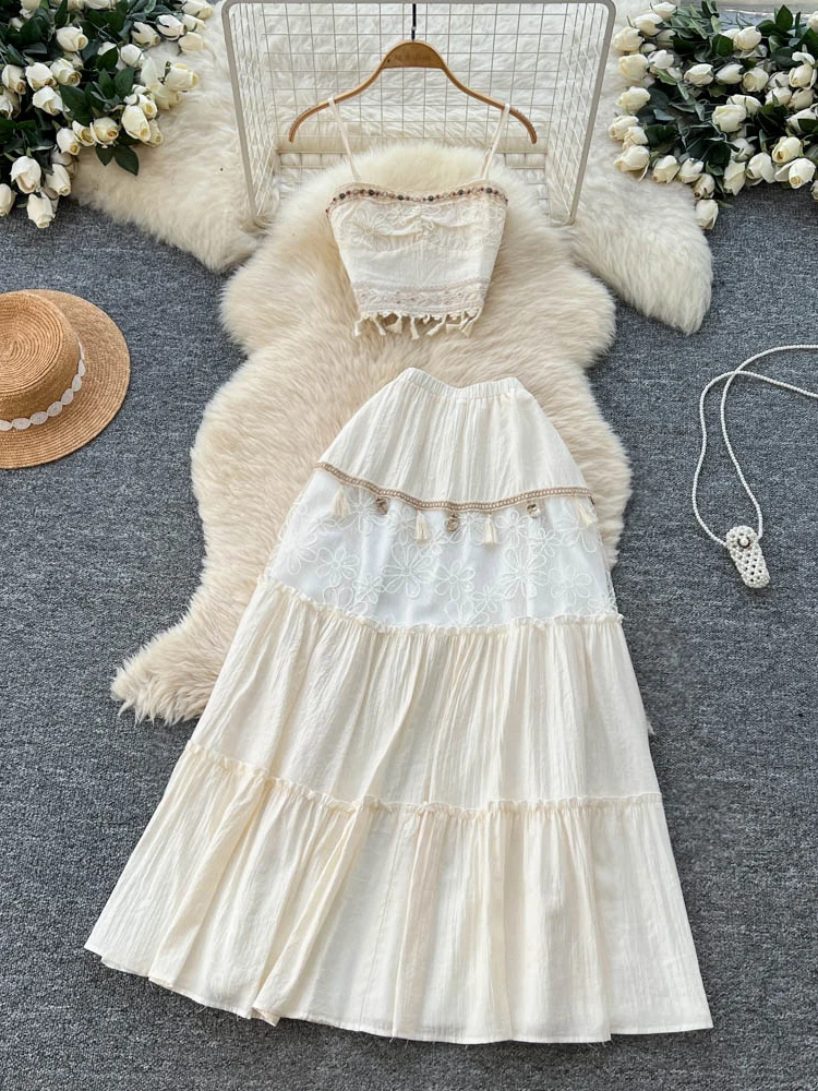 

Пляжный комплект с тяжелой вышивкой, женский укороченный топ с бахромой, утягивающая юбка с высокой талией, моющийся летний наряд, комплект из двух предметов