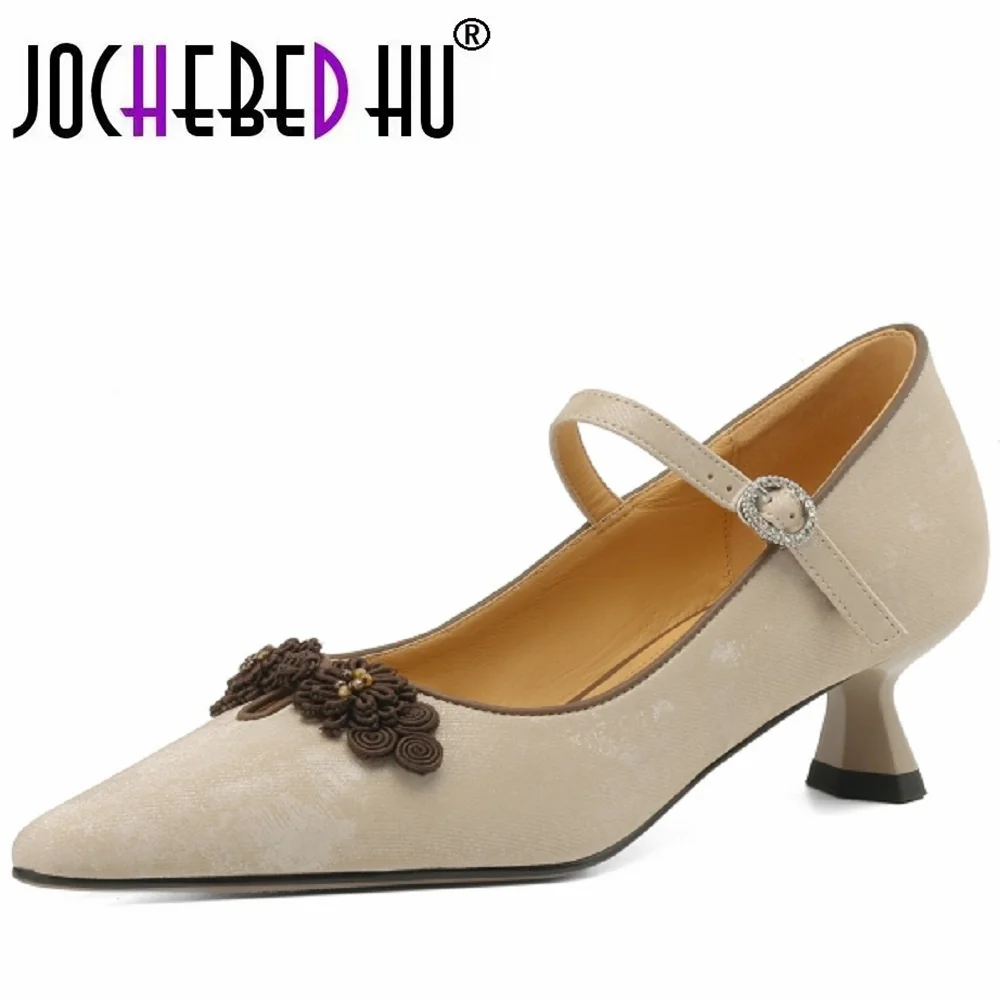 

【JOCHEBED HU】Spring Summer Genuine Leather Pointed Chinese knot Shoes Thin High Heels Banquet Dress Women's Shoes 34-40