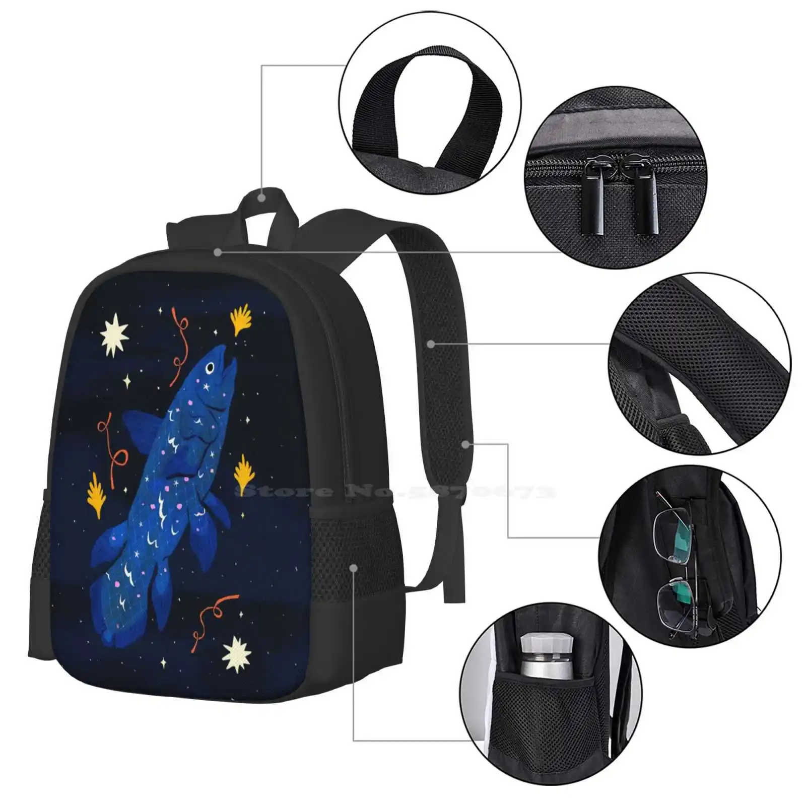 Bolsa de diseño con patrón de coelacanto estrellado, mochila para estudiantes, coelacanto estrellado, biología marina, estrellas, vida en el océano, peces, animales marinos