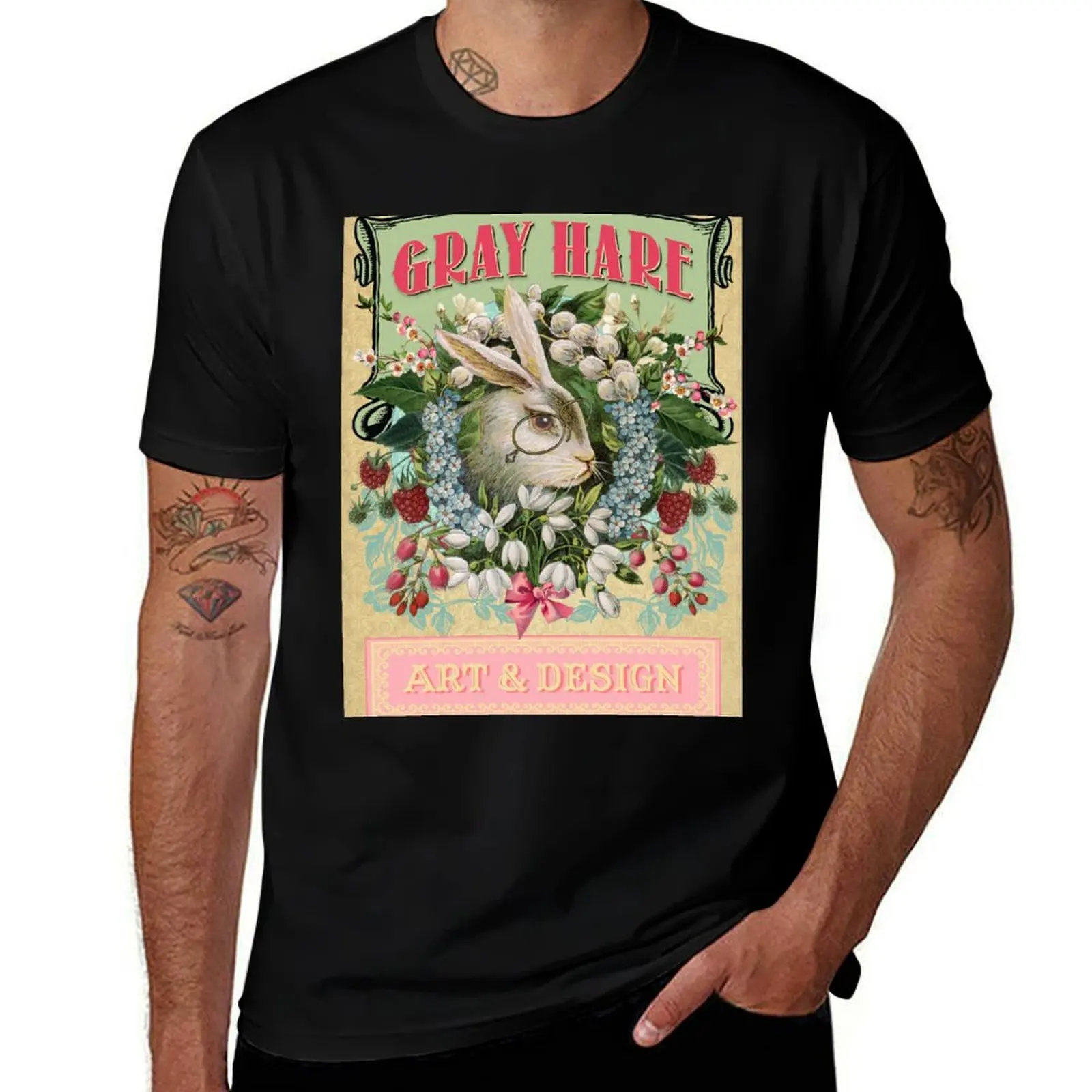 

man Vintage T-Shirt Rabbit custom Floral print Wreath shirt graphic shirt t Gray t