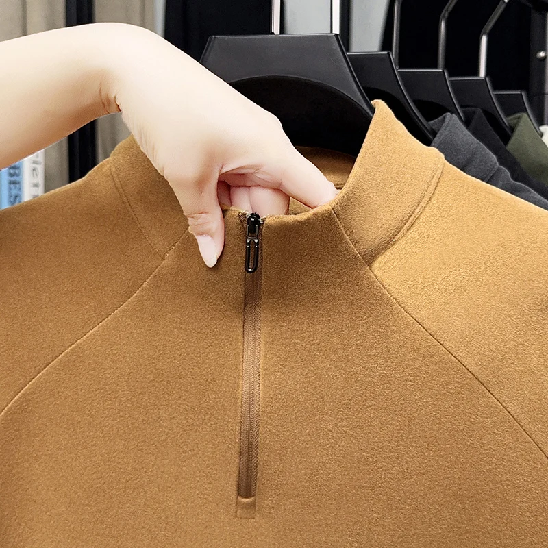 Herren T-Shirt mit halbem Reißverschluss, Stehkragen, langen Ärmeln, einfarbig, Raglanärmel, weiche Thermobasis, lässige Alltagsoberteile – Detail 15