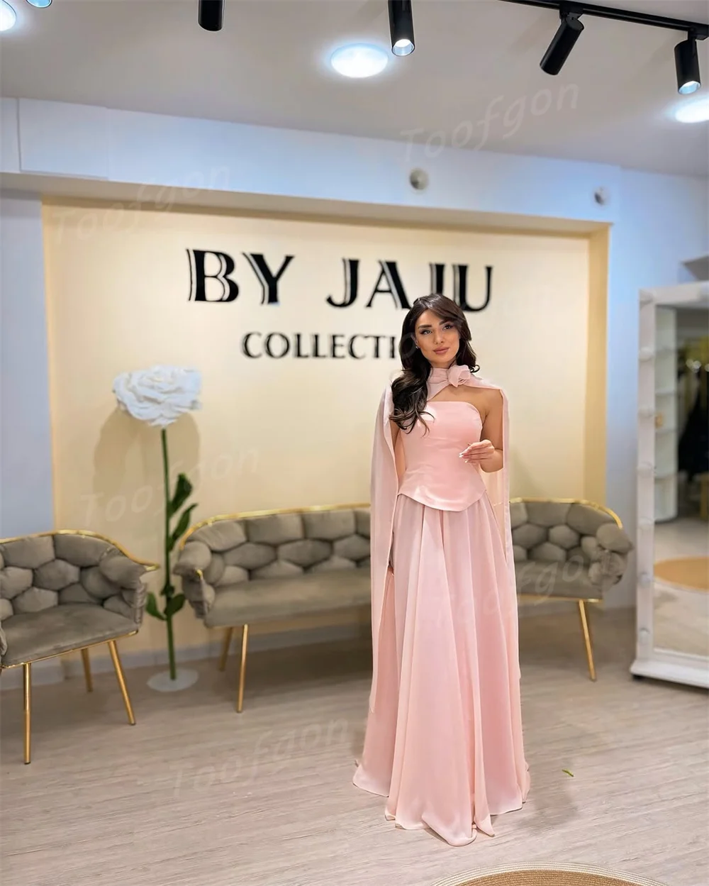Toofgon Baby Pink Satin Chiffon Evening Dresses Customized Cape Tank A Line  Birthday Prom Dress Women Long Formal Party Gown