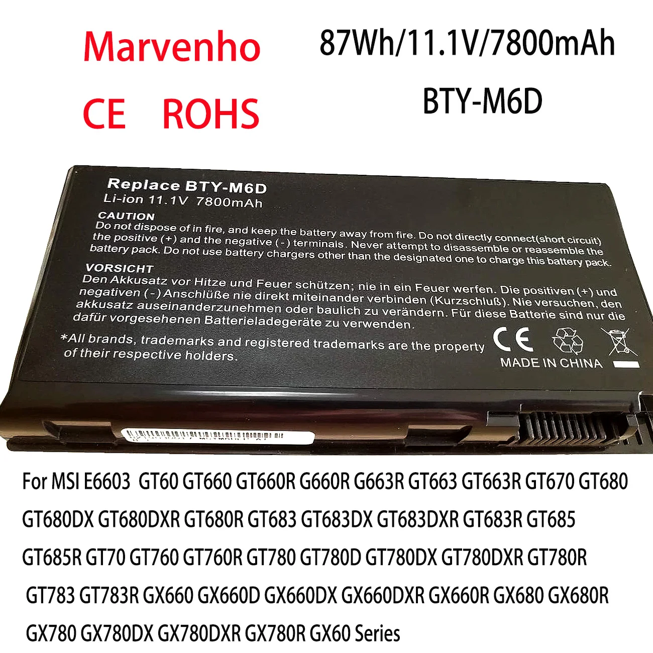 New Marvenho 87Wh 11.1V 7800mAh BTY-M6D Laptop Battery For MSI GT60 GT70 GX780R GX680 GX780 GT780R GT660R GT663R Series