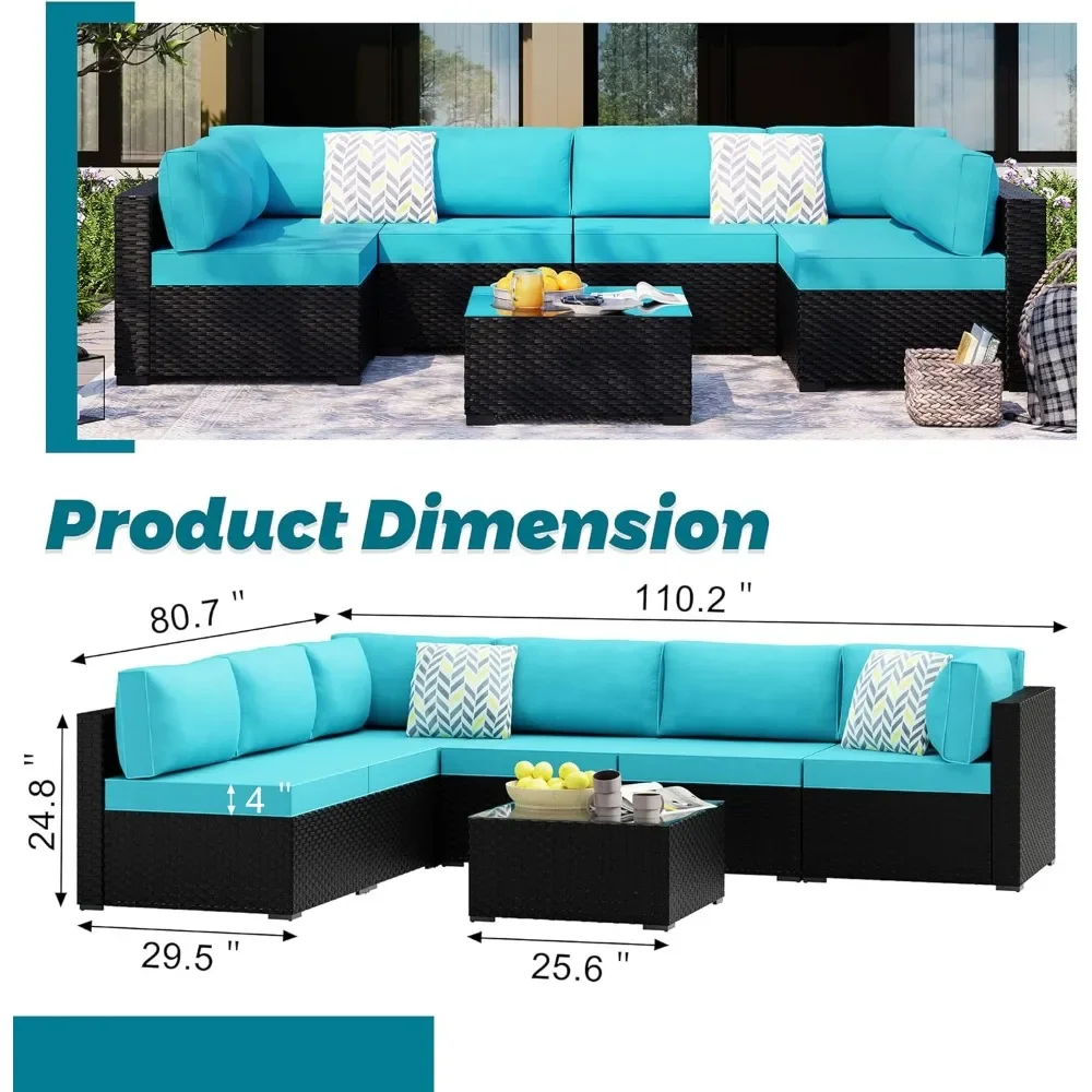 7pcs Patio Conversation Sets Outdoor Furniture Sets, High Back All-Weather Rattan Sectional Sofa with Tea Table&Washable Couch