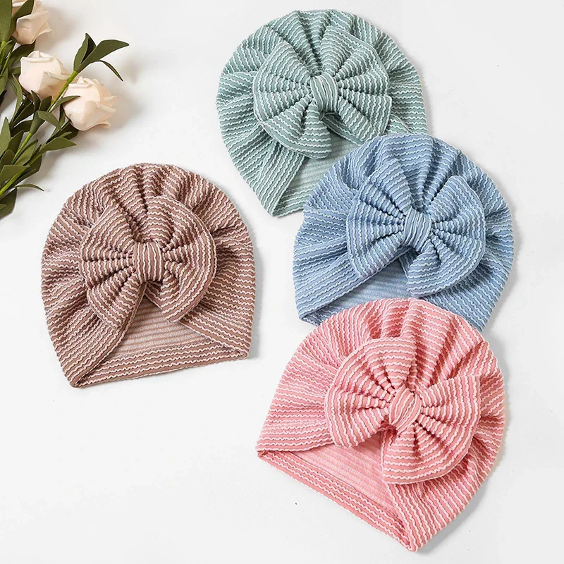 

Модный полосатый детский тюрбан, шапка с бантом, тюрбан для новорожденных, бандана для мальчиков и девочек, повязка на голову, однотонный хлопковый детский платок, головной убор